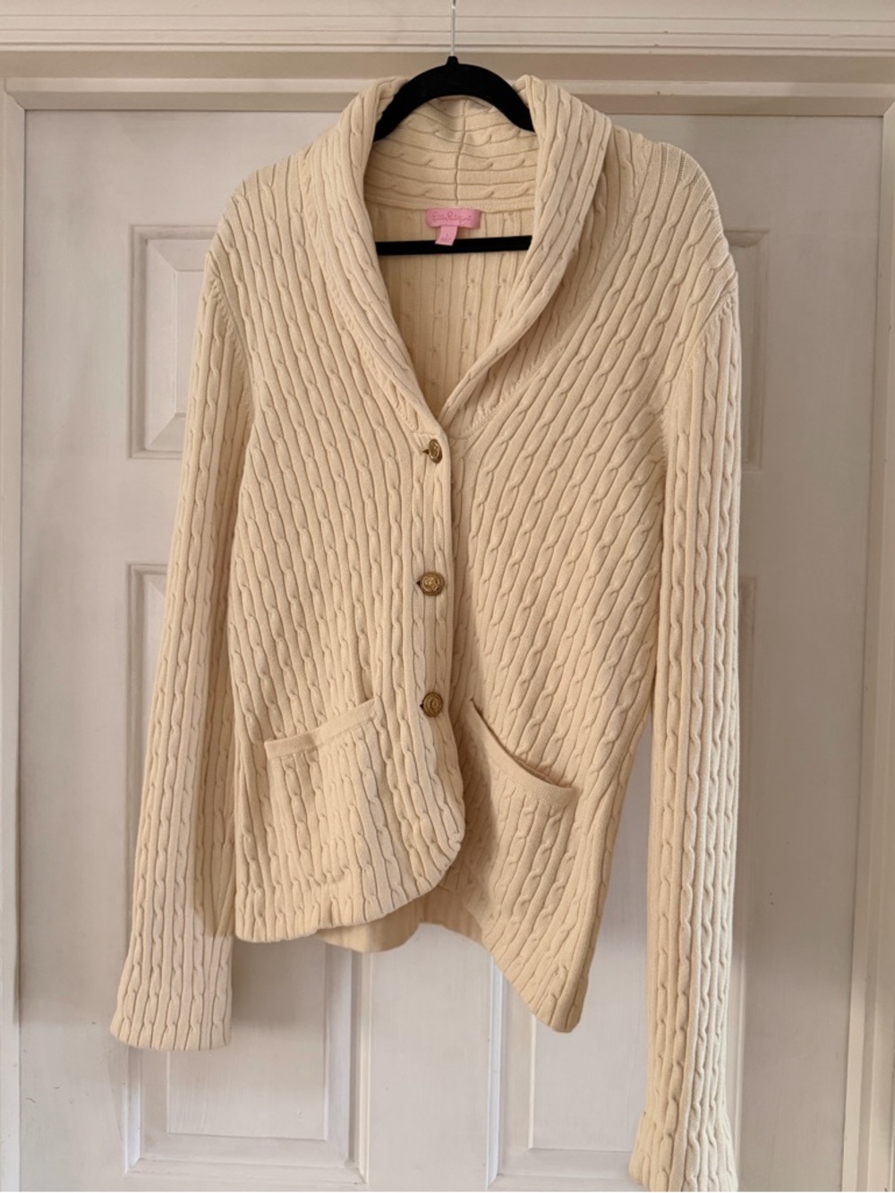 Lilly Pulitzer Ivory Davies Cable Knit Button Front Cardigan Blazer Sweater Sz L